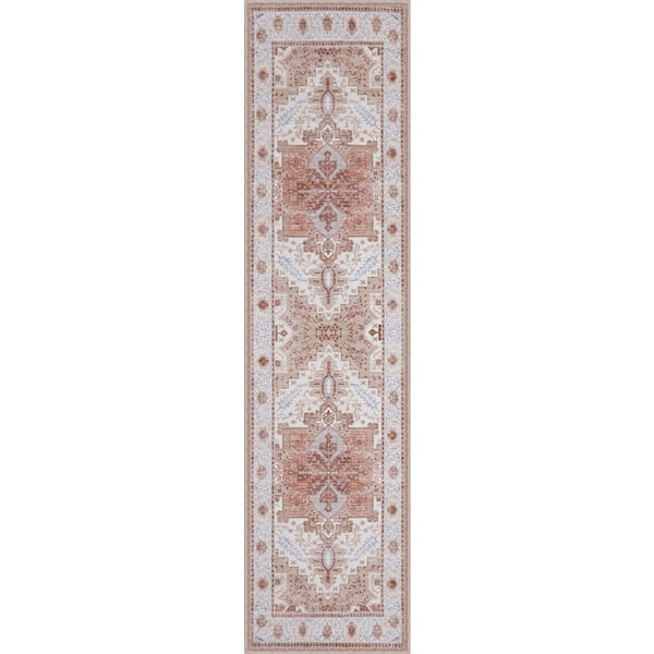 Eleanor Vintage Medallion Border Machine-Washable Cream/Terra 2 ft. x 8 ft. Runner Rug