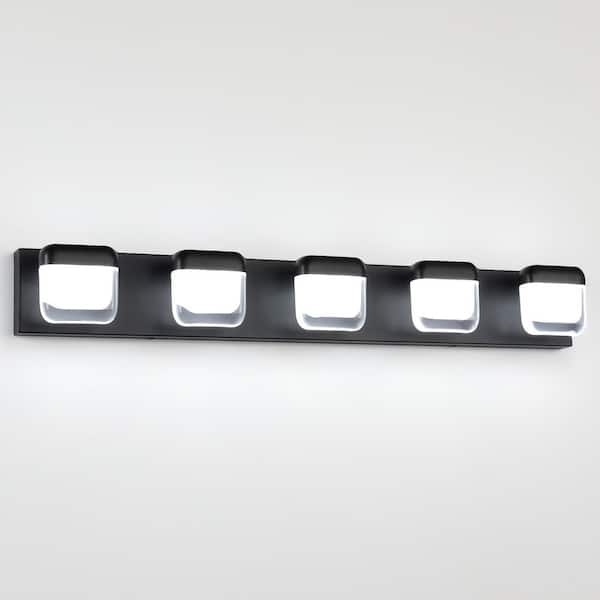 JUSHENG 35.43 in. 5 Light Black Vanity Light Bar with Matte Black Finish and Translucent Lampshade Dimmable 5500K Light