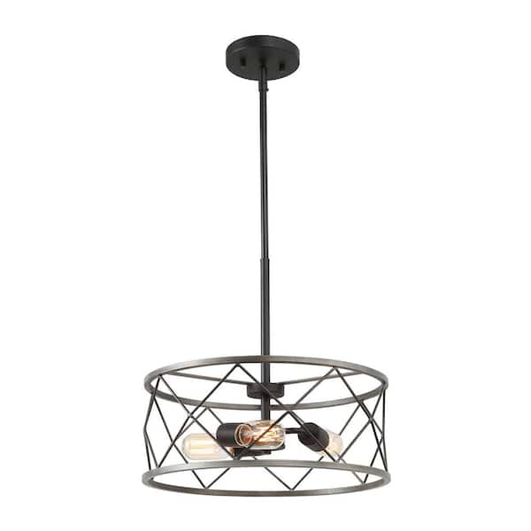 Y'INSP 3-Light Polished Black Modern Farmhouse Cage Drum Chandelier for Living Room with No Bulb Included