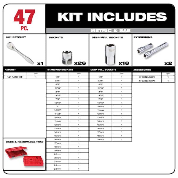 1/2 in. Drive SAE/Metric Ratchet and Socket Mechanics Tool Set with 1/2 in. Drive 18 in. Extended Ratchet (48-Piece)