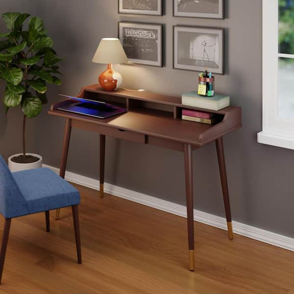 Mid Century Modern Solid Oak Desk With Two Drawers and Brass, Bureau,  Office Desk, Study Desk, Walnut 