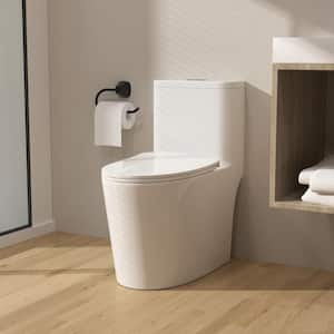 One-piece 1.1/1.6 GPF High Efficiency Dual Flush Elongated Toilet in Gloss White Soft-Close Seat Included