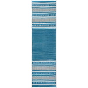 Montauk Blue/Gray 3 ft. x 10 ft. Border Striped Runner Rug