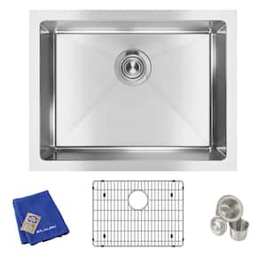 Crosstown Undermount Stainless Steel 24 in. Single Bowl Kitchen Sink with Bottom Grid and Drain