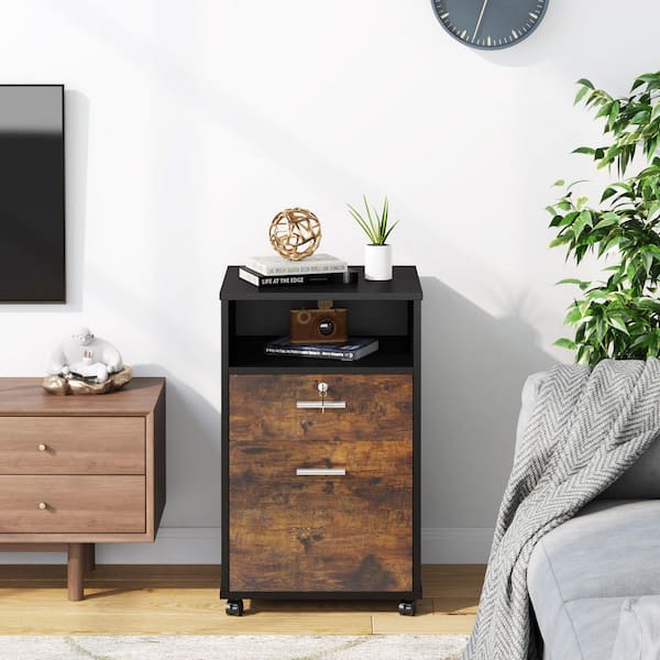 TRIBESIGNS WAY TO ORIGIN Cindy 2-Drawers Rustic Brown Engineered Wood 15.7 in. W Vertical File Cabinet with Rolling Wheels and 2 Shelves Office