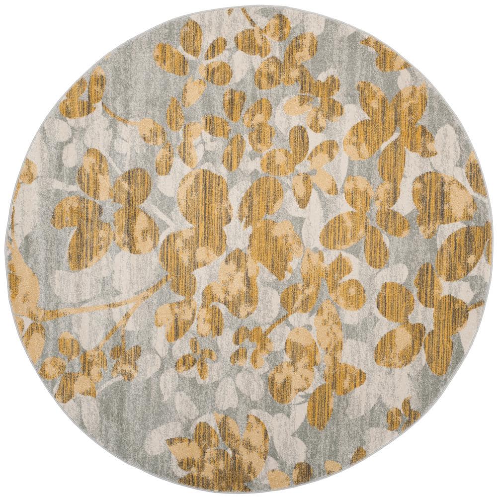 Grey and Gold Floral Round Synthetic Area Rug, 6'7"