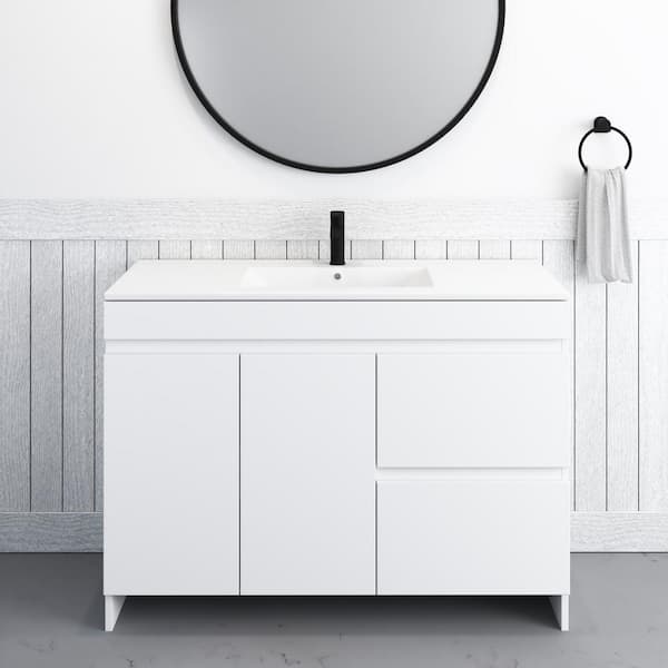 VOLPA USA AMERICAN CRAFTED VANITIES Mace 48 in. W x 20 in. D x 35 in. H 1 Sink Bath Vanity Right Side Drawers in White with Acrylic Integrated Countertop