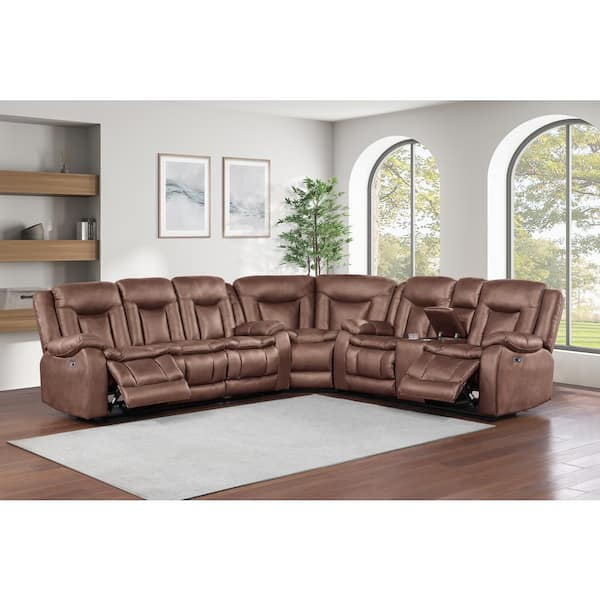 New Classic Furniture Morello 3-Piece 130 in Polyester Blend Fabric L-Shaped Sectional Sofa with Power Footrest in Brown