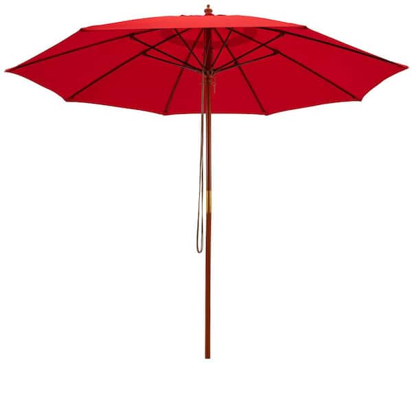 FORCLOVER 9.5 ft. Pulley Lift Round Patio Umbrella with Fiberglass Ribs in Red