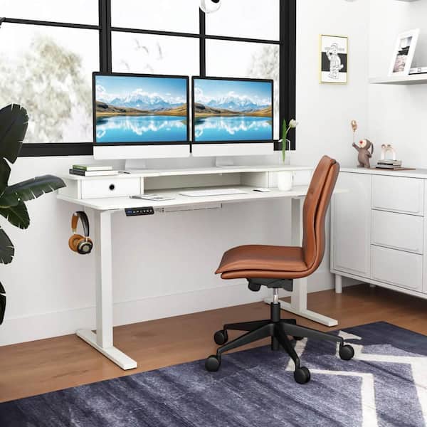 Costway 55 in. White Wood 2-Drawer Electric Standing Desk with Monitor Stand Storage Shelf