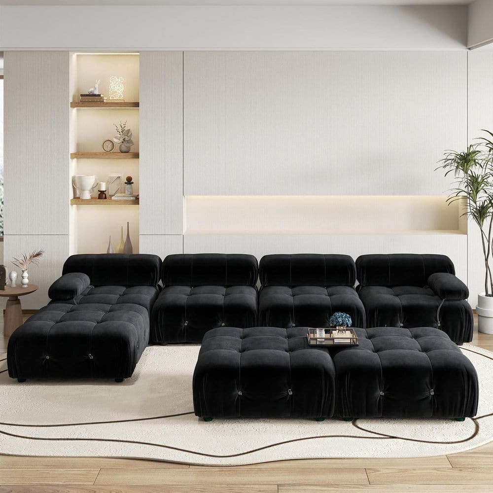 Chameleon 138 in. Square Arm 7-piece Modern Velvet Modular Combination Sectional Sofa Couch with 3 Ottomans in. Black