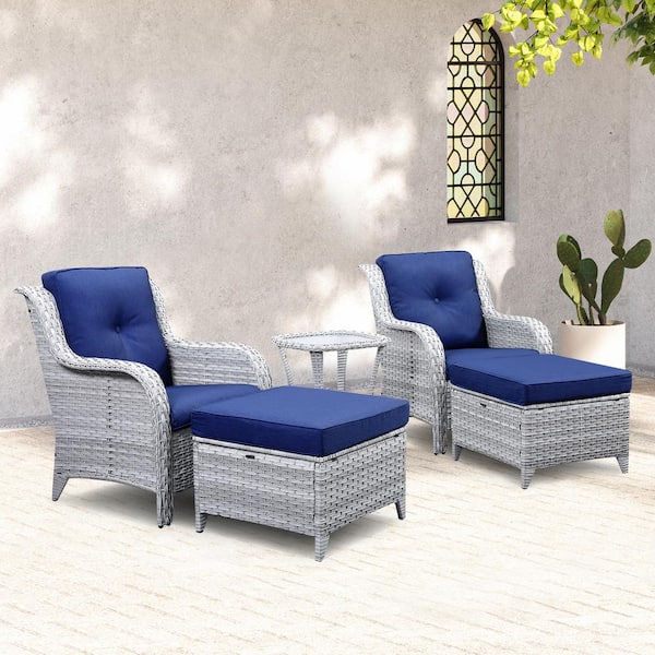 Gymojoy 5-Piece Wicker Patio Conversation Set with Navy Cushions