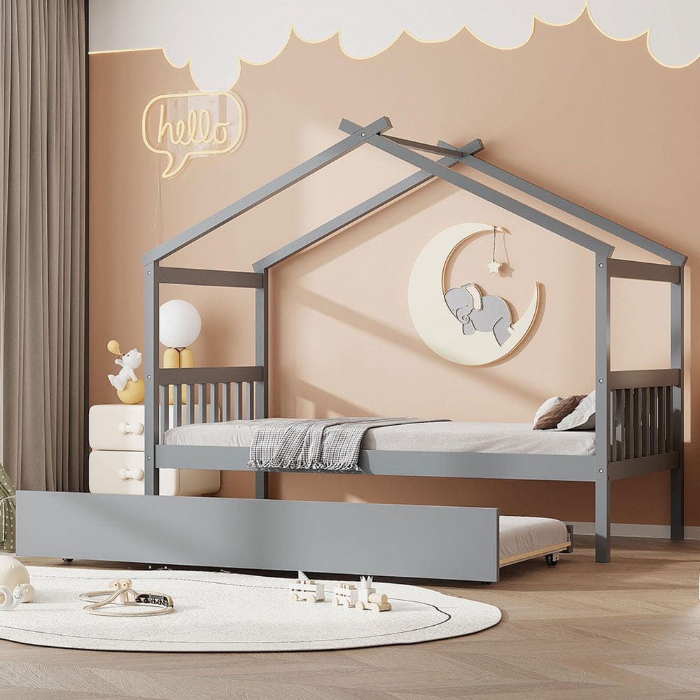 bpc 157 before bed Harper & Bright Designs Gray Twin Size Wood House Bed Kids Bed with Twin  Size Trundle QMY310AAE-T