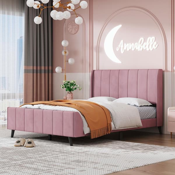 Harper & Bright Designs Channel-Tufted Pink Wood Frame Full Size Velvet Upholstered Platform Bed with Additional Bed and Slats Support Legs