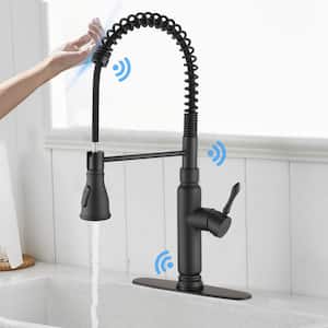 Single-Handle Touch Deck Mount Gooseneck Pull Down Sprayer Kitchen Faucet in Matte Black
