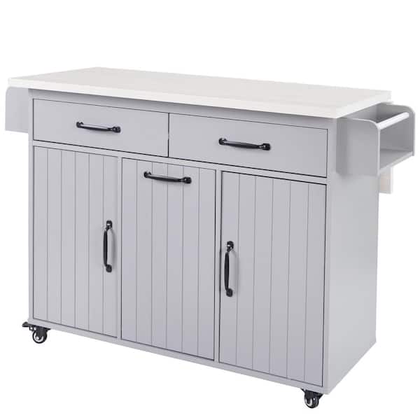 Unbranded Gray Wood 51 in. Kitchen Island with Drawers&Drop Leaf, Kitchen Cart with Trash Can, Rolling Storage Cabinet on Wheels