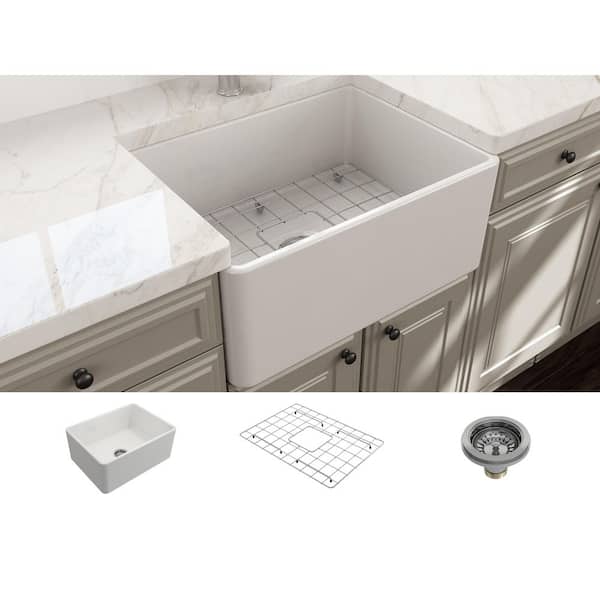 BOCCHI Classico Farmhouse Apron Front Fireclay 24 in. Single Bowl Kitchen Sink with Bottom Grid and Strainer in White