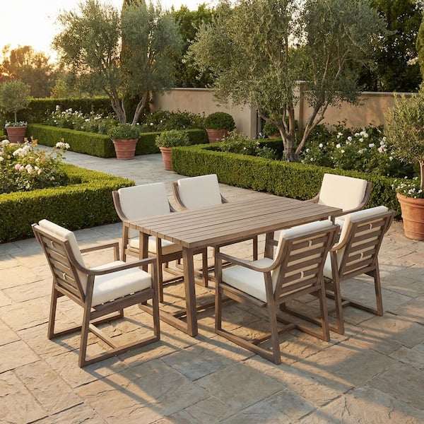 7-Piece Walnut Acacia Wood Outdoor Dining Set with Beige Cushion