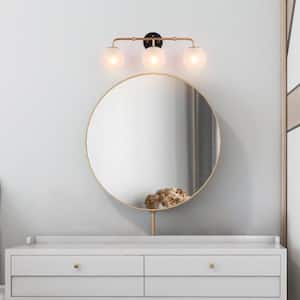Modern 22 in. 3-Light Vintage Gold Linear Vanity Light with Matte Black Accents and Frosted Glass Globe Shades