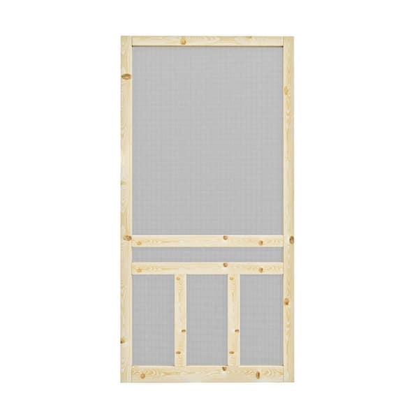 36 in. x 80 in. 3-Lite Single Universal Paneled Unfinished Pine Wood and Gauze Mesh Hinged Screen Door