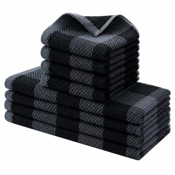 Black and Grey Waffle Weave Plaid Cotton Kitchen Towels and Dishcloths Set of 8, 12 x 12 in and 13 x 28 in