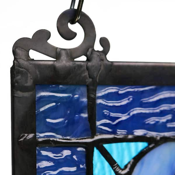 Stained glass panel. outlets Stained glass in rustic wood frame with metal accent. Coastal. Blue/ clear glass. Stained glass.