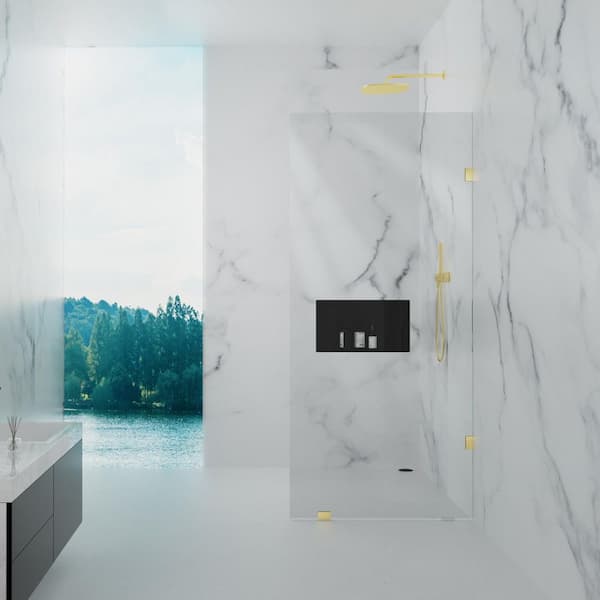 NANAWO 34 in. W x 78 in. H Frameless Fixed Single Panel Shower Screen Door in Brushed Brass with 3/8 in. (10mm) Clear Glass