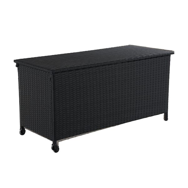Clihome 120 Gal. Black Deck Box Rattan Storage Cabinet with Rollers and Side Handles