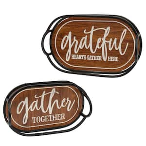 4.2 in. H Assorted Metal Frame Brown Trays with White Engraved Wood Platters (Set of 2)