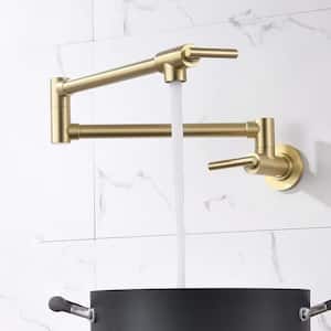 Wall Mount Pot Filler Faucet Double-Handle Folding Kitchen Restaurant Sink with Dual Joint Swing Arm Commercial in Gold