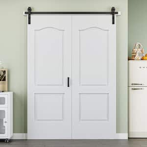 60 in. x 84 in. Paneled 2-Lite White Primed MDF Composite Bi-fold Sliding Barn Door with Hardware Kit and Handle