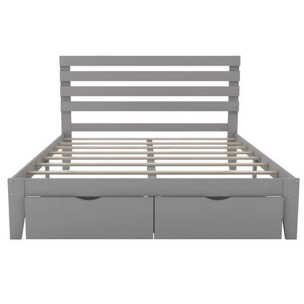 STICKON 77.4 in. W Gray Wood Frame Queen Size Platform Bed with Drawer