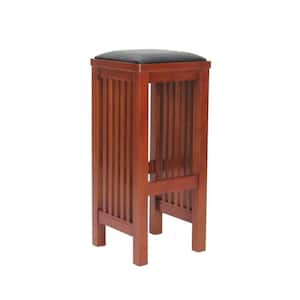 25 in. Black and Brown High Back Wooden Frame Bar Stool with Leather Seat