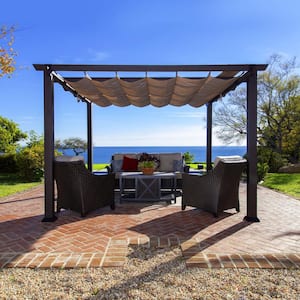 Modena 12 ft. x 12 ft. Wood Grain Aluminum Pergola in Espresso with Mocha Convertible Canopy