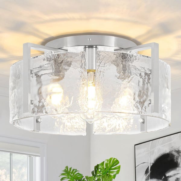 18.5 in. 4-Light Modern Nickel Drum Flush Mount Ceiling Light with Water Glass Shade