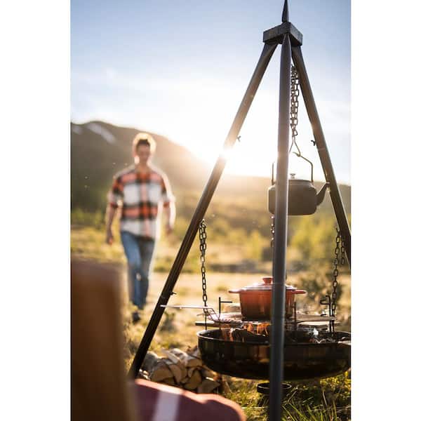 Scandinavian Tripod Campfire Pan 60, Outdoor Fireplace and Grill, Black Enameled Steel