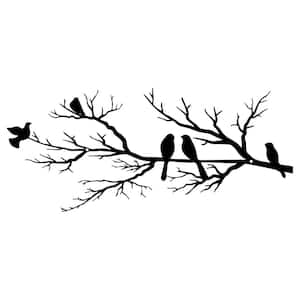 31.5 in. x 13.6 in. Metal Leaves with Bird Wall Art Outdoor Hanging Wall Sculpture for Home Balcony Garden, Black