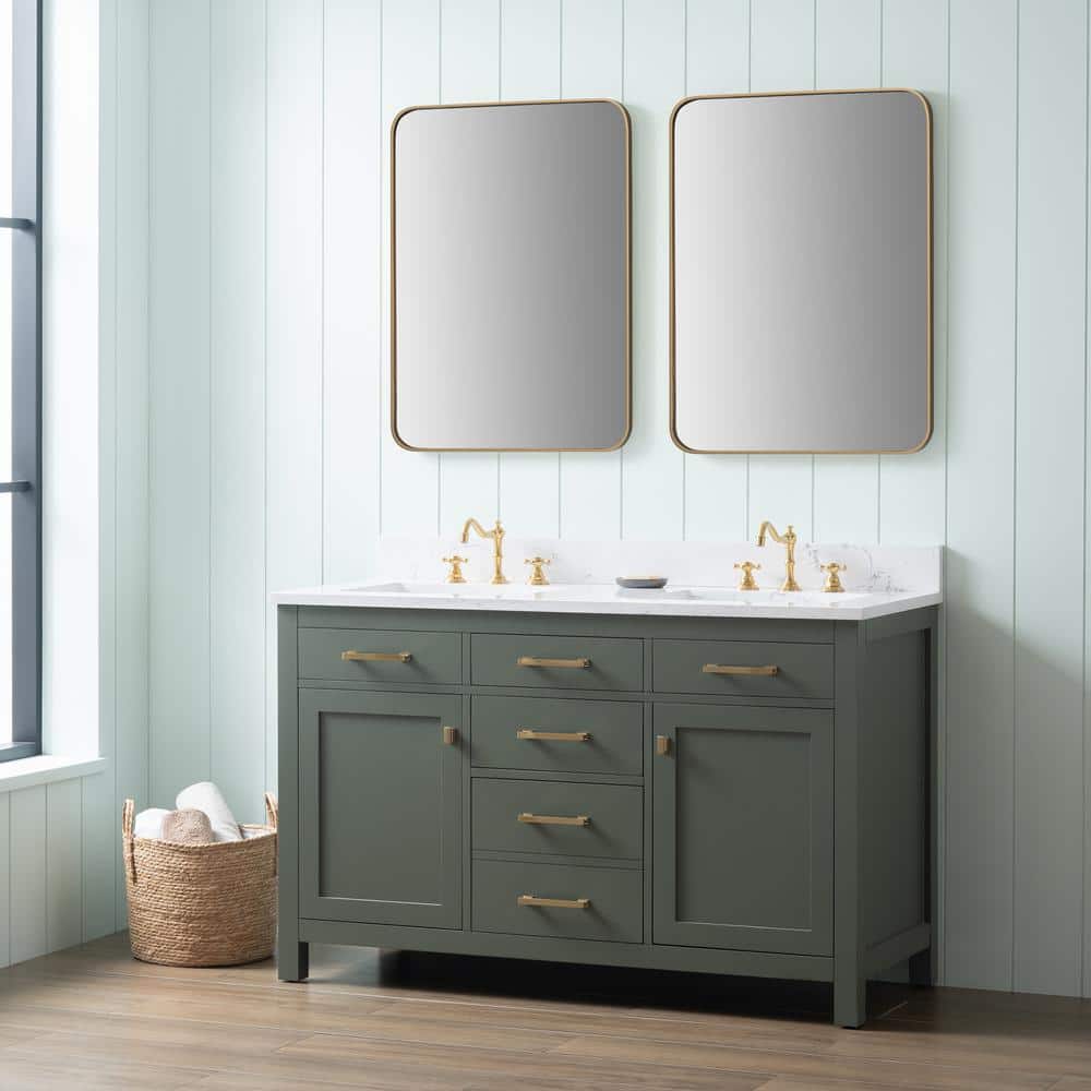 Vintage Green Double Vanity with Carrara White Top and Gold Hardware