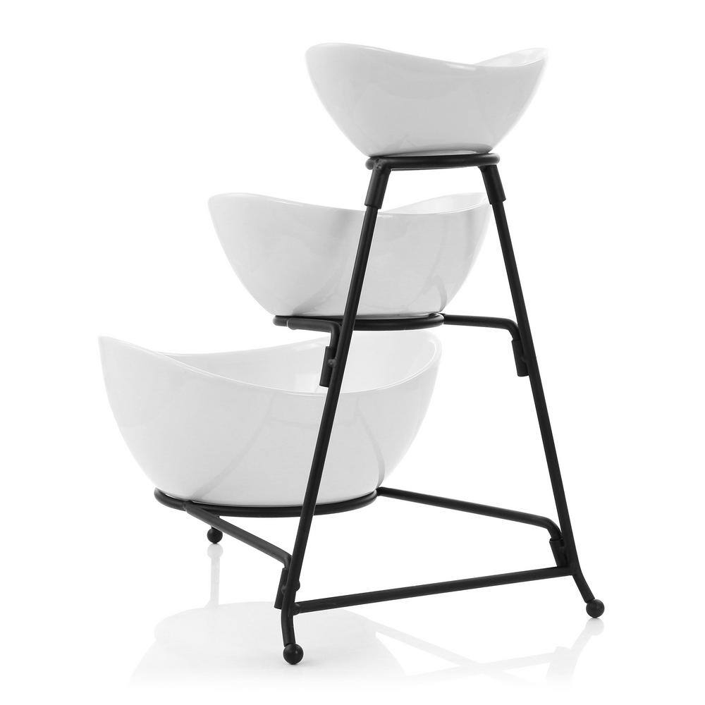 White Ceramic 3-Tier Oval Serving Bowl Set with Metal Stand