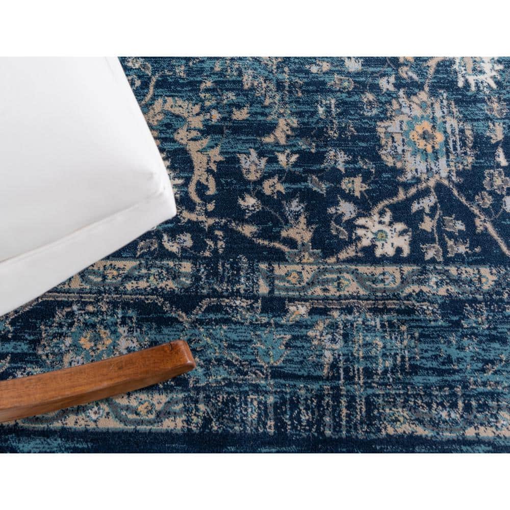 Navy Blue and Beige 6' x 9' Synthetic Stain-Resistant Area Rug