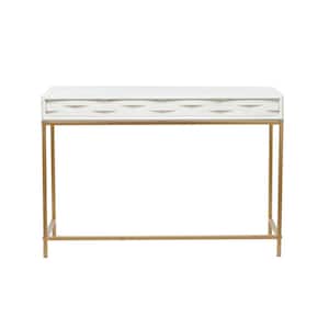 46 in. White Extra Large Rectangle Wood 2 Drawers Console Table with Gold Metal Frame