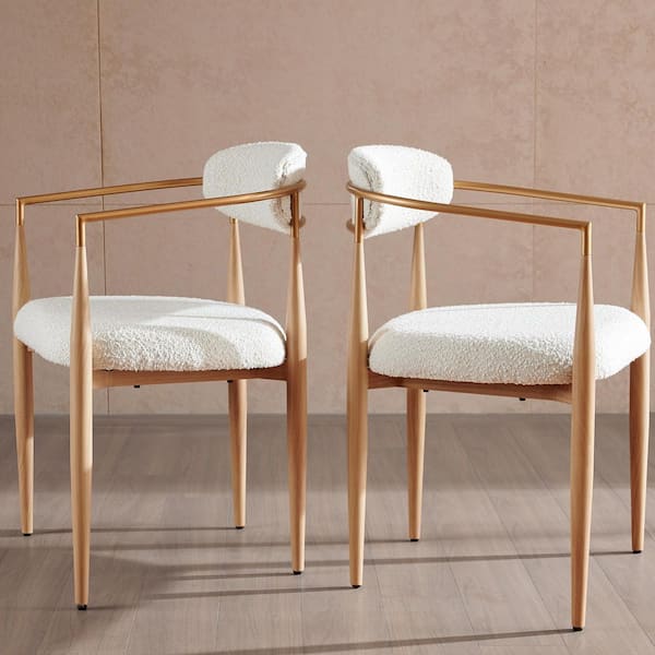 Modern Cream White Boucle Upholstered Dining Chair (Set of 2), Wood Grain Metal Frame Armchair for Kitchen Restaurant