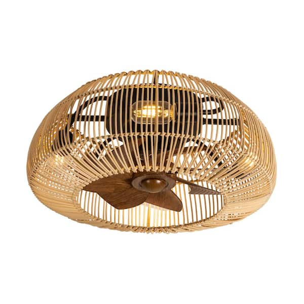 20 in. Flush Mount Indoor Ceiling Fan with Boho Rattan Cage Light Kit and Remote, Natural Blades for Small Rooms