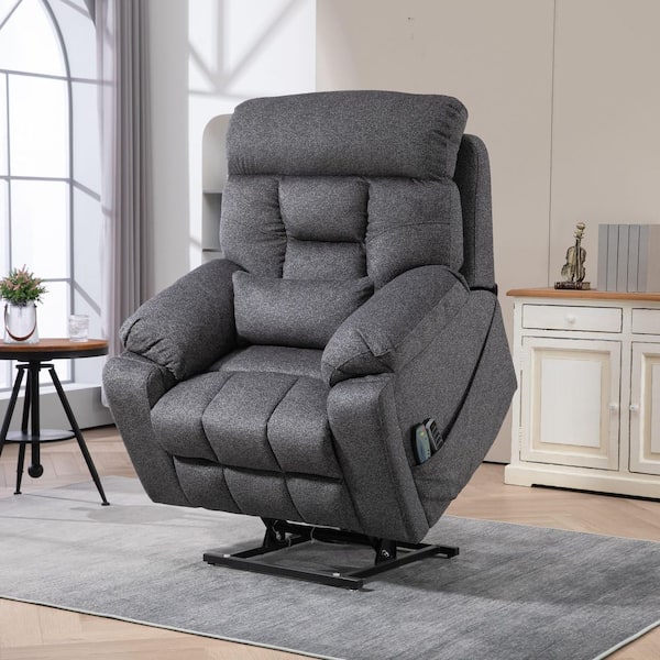 Susie Oversized Grey Velvet Power Lift Recliner Chair with Massage and Heat, Remote Control, Cup Holders