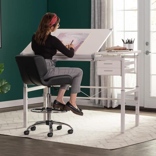 Black Crest Armless Drafting MDF Chair Swivel Task Chair Desk Chair with Foot Ring in Black