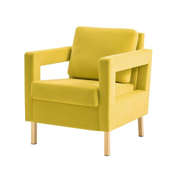 JAYDEN CREATION Anika Modern Yellow Comfy Velvet Arm Chair with Stainless Steel Legs and Square Open-framed Arm