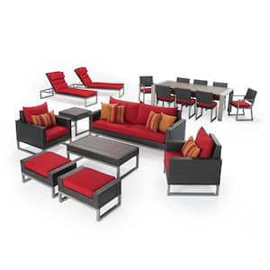 Milo Espresso 18-Pieces Estate Wicker and Aluminum Outdoor Patio Conversation Set with Sunset Red Cushions