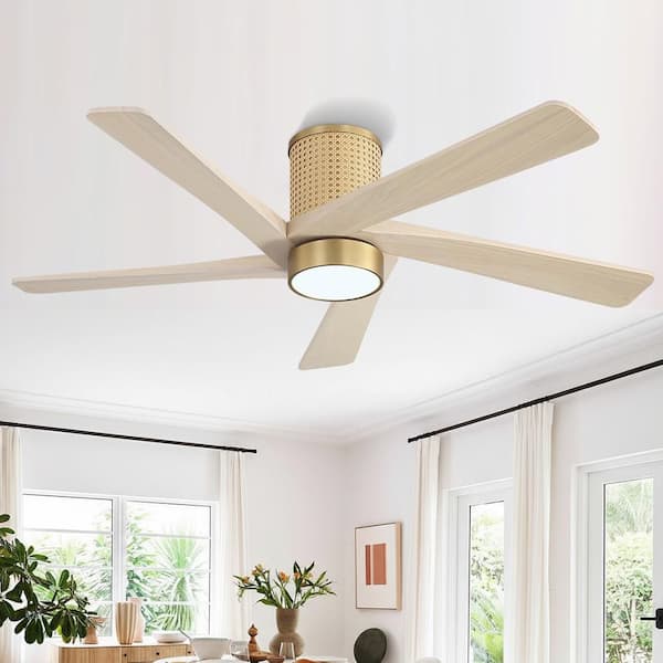 54in. 5 Solid Wood Wood Wax Color Blades DC Motor Indoor NAB Gold Flush Mount Ceiling Fan Remote Integrated LED