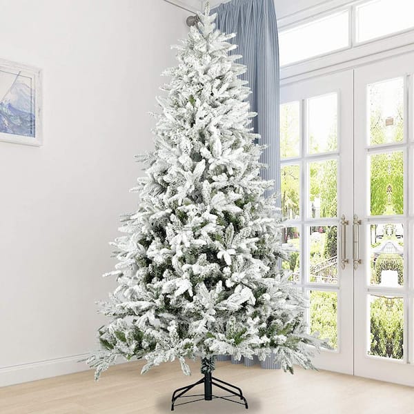 Costway 7ft Snow Flocked Hinged Christmas Tree w/ Berries & Poinsettia Flowers - White