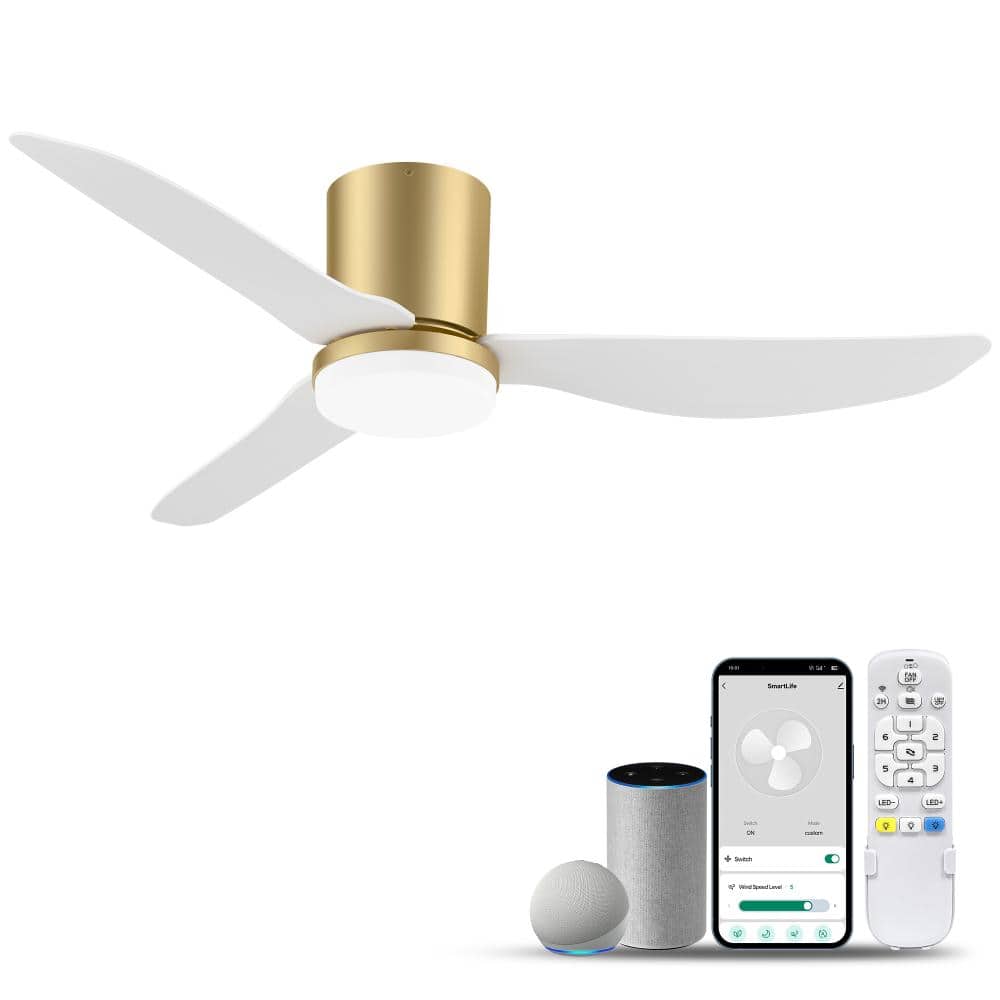 42 in. Smart Outdoor Indoor Gold Flush Mount Ceiling Fans with Light Remote, WIFI Alexa App workable, Quiet DC Motor